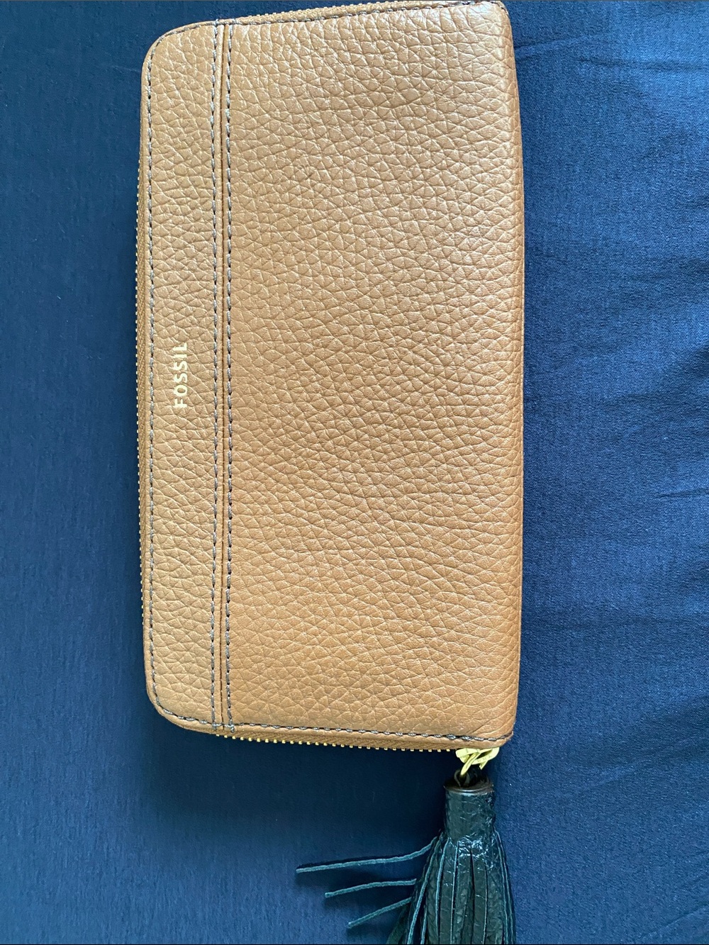 Fossil Chestnut Brown Pebbled Leather Zip Wallet with Tassel